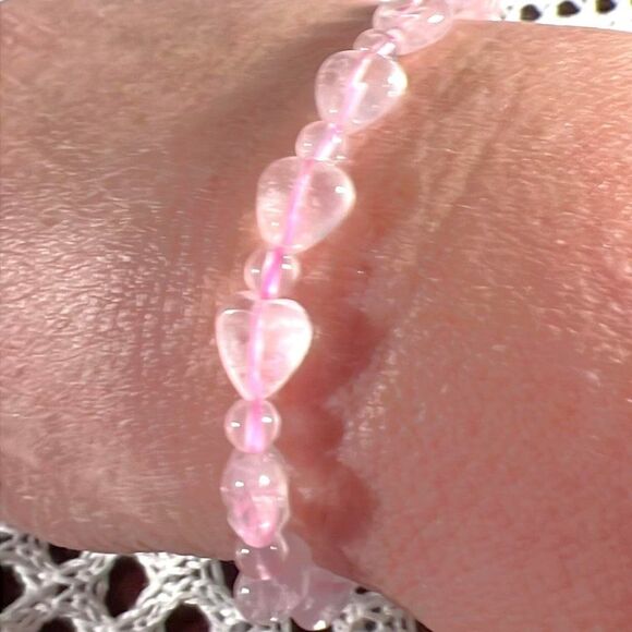 Genuine Rose Quartz Heart Beaded Stretch Bracelet - NEW! - Picture 3 of 5
